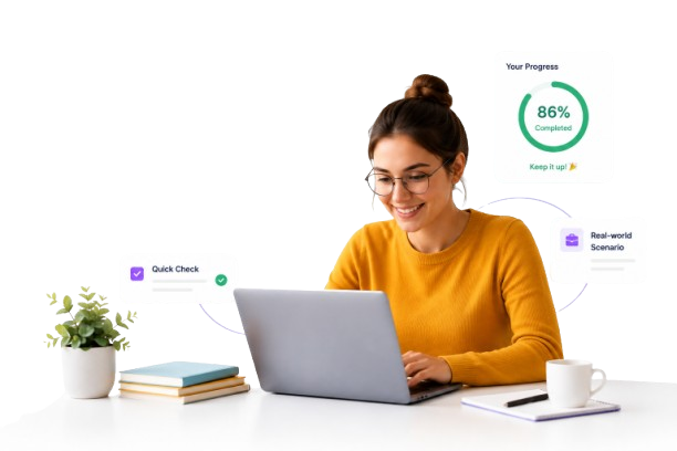 Learner at a laptop with progress and lesson highlights